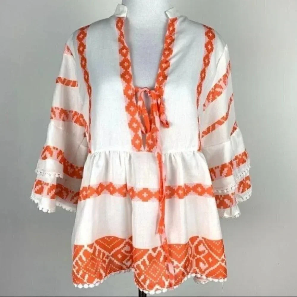 Misslook top size S Orange white peasant festival